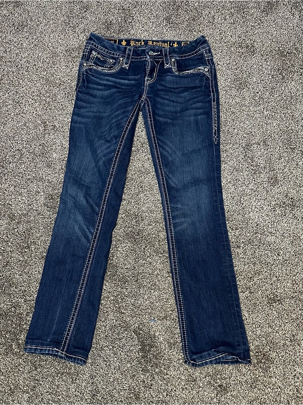 Rock Revival Deeka Straight Leg Jeans W/ Rhinestone Embellishment Waist 25”